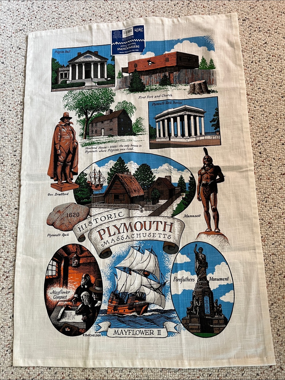 Historic Plymouth Massachusetts Linen Tea Towel - Cream with Multi-Color